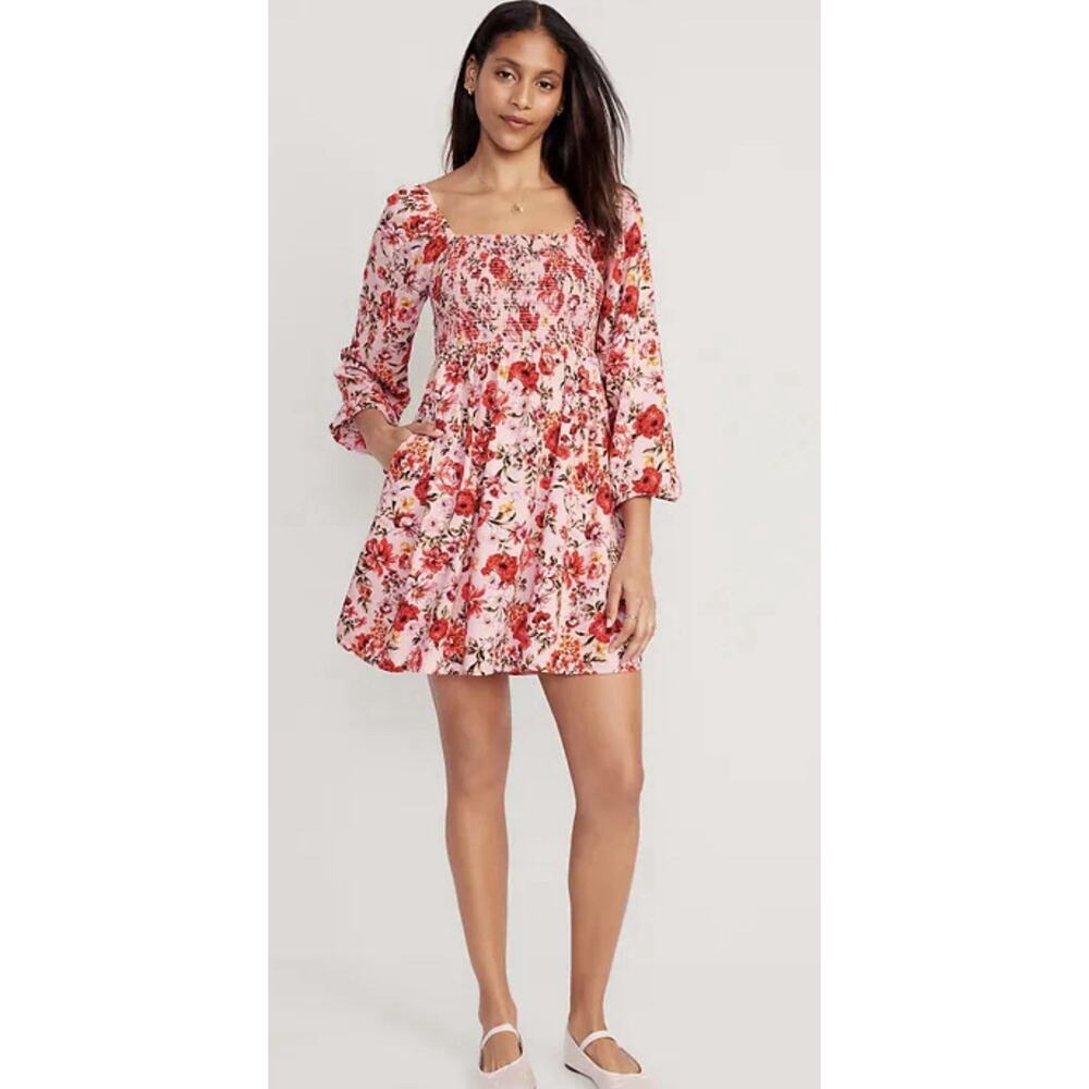 Old Navy Pink Floral Balloon Sleeve Fit & Flare Mini Dress Sz M Garden Tea Party